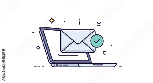 Email message delivered or confirmation concept showing an envelope on a laptop screen with a green checkmark symbol for communication success.