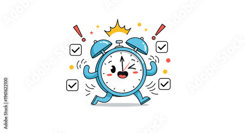 Energetic cartoon alarm clock character running with checkmark boxes symbolizing time management and punctuality.