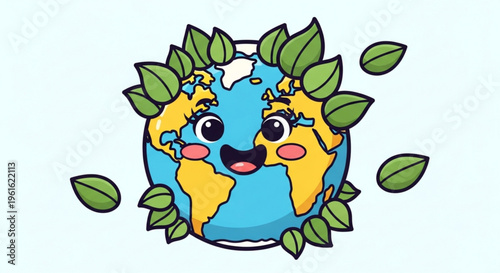 Smiling earth with leaves eco friendly cartoon globe with happy face and green foliage