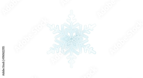 Single crystalline snowflake icon with blue transparency isolated on a plain white background for winter season themes.