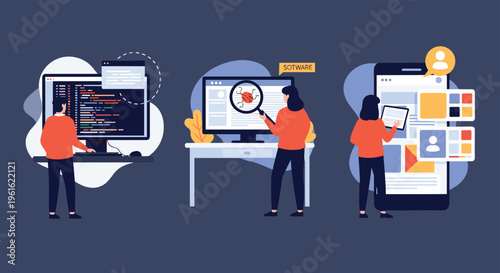 Multi panel illustration depicting software development bug testing and mobile user interface design by professionals.