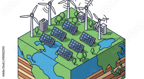 Renewable energy sources on a green earth with solar panels and wind turbines for sustainable power generation