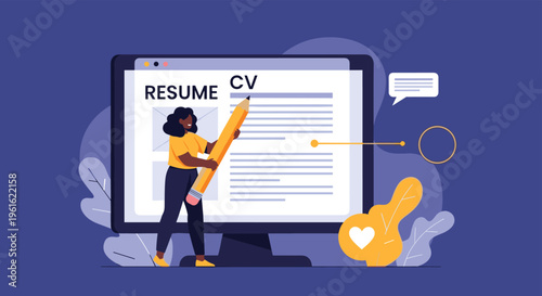 Professional woman creating a resume on a large monitor for job application and career development concept.