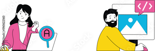 A woman presenting a document while a man codes beside a colorful image on a screen together