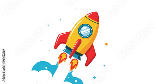 Space rocket ship launching into the sky with clouds and stars for startup and business growth conceptual imagery.