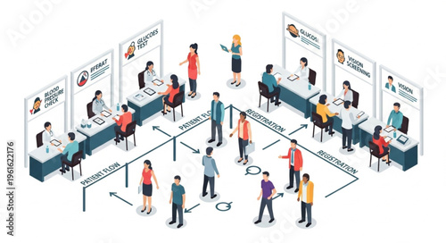 Isometric view of a job fair with social distancing.