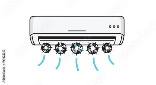 Wall mounted air conditioner unit blowing cold air symbolized by blue waves and snowflake icons for cooling themes.