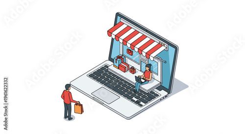 Isometric illustration of a person shopping online using a giant laptop with a digital storefront and bags for e-commerce.