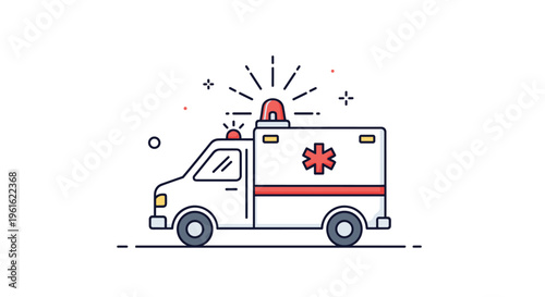 Emergency ambulance vehicle illustration with flashing red siren and medical cross symbol for healthcare services.