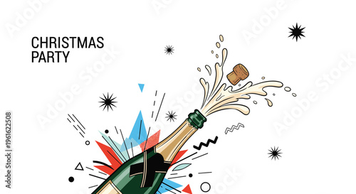 Vibrant illustration of a green champagne bottle popping its cork with liquid splashing out for Christmas party.
