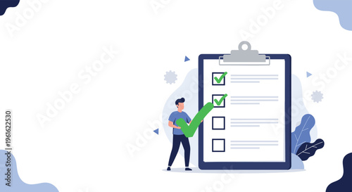 Successful man marking tasks on a giant clipboard checklist with a large green checkmark symbol in his hand.