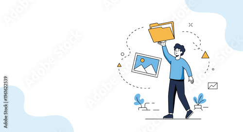 Professional man carrying a large folder while walking past floating digital images and various geometric shapes.