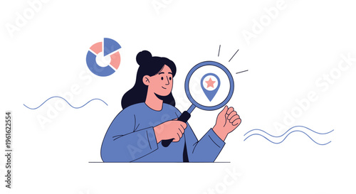 Young woman using a magnifying glass to inspect a map pin with a star icon for location search purposes.