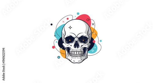 Detailed human skull illustration centered on a background of vibrant colorful abstract shapes and line elements.