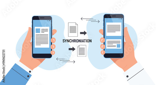 Two hands holding smartphones showing a synchronization process of documents between devices with arrows.