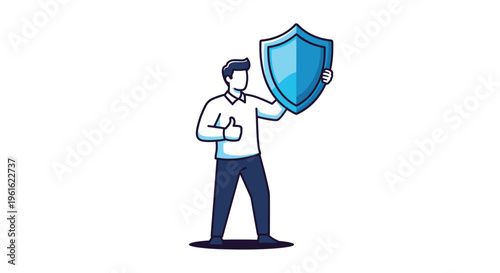 Reliable man holding a large blue shield while giving a thumbs up gesture representing security and trust.