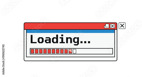 Retro pixel art style computer window showing a red loading progress bar with the word Loading in the center.