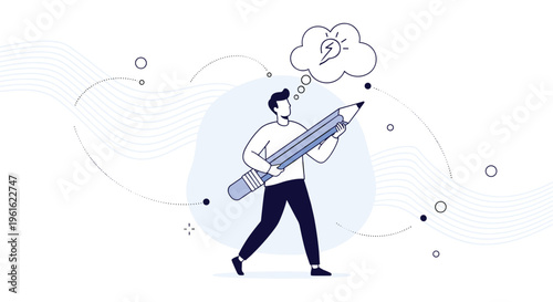 Creative man walking with a giant pencil while having a bright idea shown in a lightbulb speech bubble above.