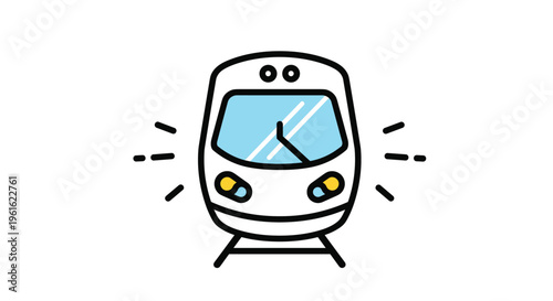 Simplified vector illustration of a modern high speed train engine front view with headlights glowing.