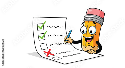 Happy cartoon pencil character with a smiling face checking boxes on a paper document with green checkmarks.
