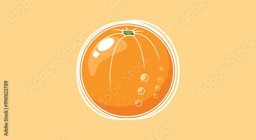Ripe orange fruit illustration with glossy highlights and small juice bubbles on a warm yellow background.