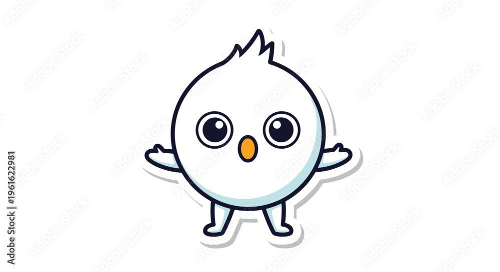 Fototapeta premium Cute little round white bird character with large eyes and orange beak standing with wings spread open in a friendly welcoming pose.