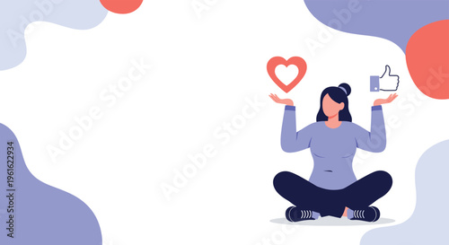 Young woman sitting in a yoga pose while balancing social media engagement symbols like heart and thumbs up icons on her open palms.