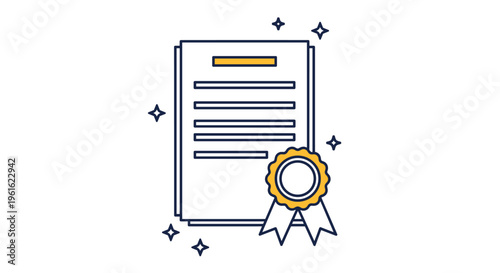 Professional certificate or diploma document icon with a gold seal and ribbons surrounded by decorative sparkles on a white background.