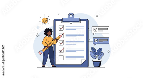 Young woman holding a large pencil while checking tasks on a giant clipboard representing productivity and project management success.