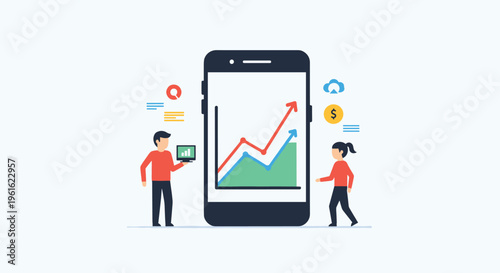 Business team analyzing a growth chart on a giant smartphone screen representing mobile data analysis and financial success indicators.