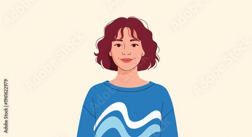 Simple flat illustration of a young woman with short curly reddish brown hair wearing a blue sweater with abstract white and blue waves.
