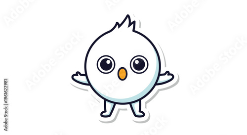 Cute little round white bird character with large eyes and orange beak standing with wings spread open in a friendly welcoming pose.
