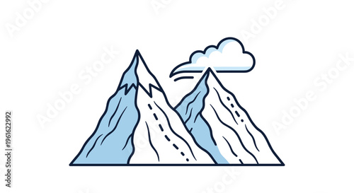 Stylized illustration of two majestic snow capped mountain peaks reaching towards a single fluffy cloud in a calm blue and white palette.