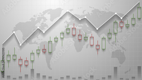 Stock market candlestick chart over a world map.