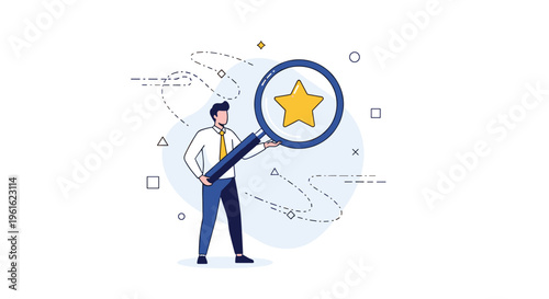 Business professional holding a large magnifying glass to examine a gold star representing quality evaluation and review success.