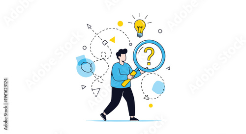 Innovative person holding a magnifying glass to find creative solutions and bright ideas represented by a light bulb icon symbol.