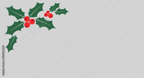 Traditional Christmas holly branch with green prickly leaves and bright red berries arranged in the top corner of a gray backdrop.