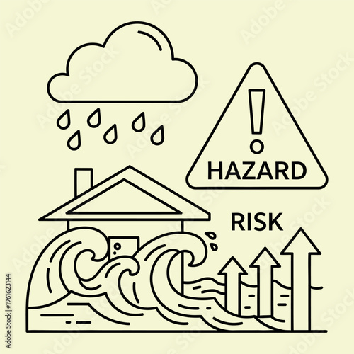 Minimal line of a house flooded with waves and rain under a hazard sign risk