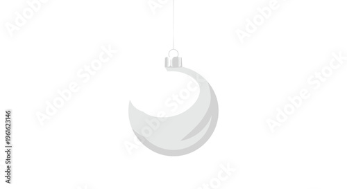 Minimalist illustration of a single white Christmas ball ornament hanging from a thin string on a clean white background backdrop.