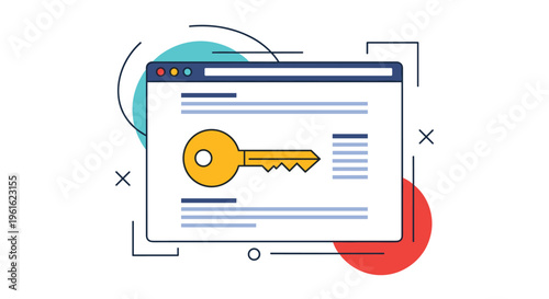Internet security concept showing a web browser window with a large golden key symbol representing privacy and account safety.