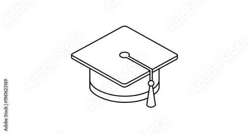 Isometric line art of a graduation cap or mortarboard with a tassel representing academic achievement and education success.