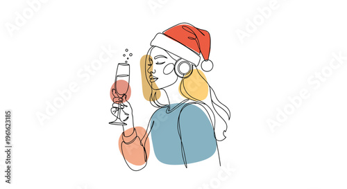Elegant line art of a young woman wearing a Santa hat and headphones while holding a glass of bubbly holiday champagne.