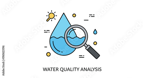 Science concept for water quality analysis featuring a large water drop under a magnifying glass with various data icons.