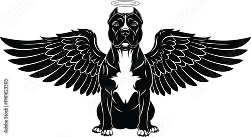 Angel dog with wings and halo sitting strong canine silhouette vector illustration memorial symbol isolated on white background spiritual pet tribute