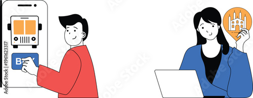 A person using mobile app while another works on laptop showing building icon nearby both happily