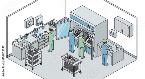Medical Team in Sterile Lab Environment Illustration.