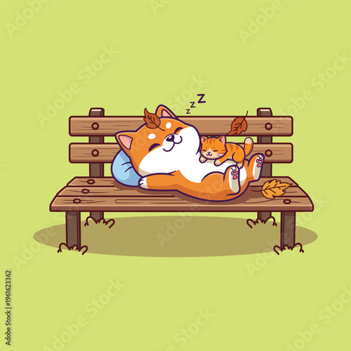 Cute shiba inu and Cat Sleeping on Wooden Bench Autumn Friendship Concept Vector Illustration