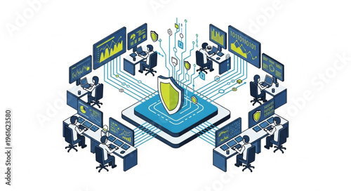 Cybersecurity Operations Center Isometric Illustration with Shield and Network.