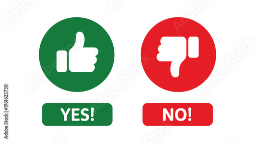 Yes and no button with thumbs up and thumbs down icons, set of like and dislike UI elements representing agree and disagree choices for apps