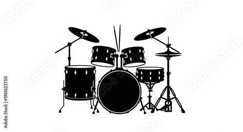 Tableau sur toile Black and white vector illustration of a drum set with cymbals and stands isolat